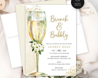 Brunch and Bubbly Bridal Shower Editable Invitation, White Flowers, Gold Champagne Glass, Instant Download, Print/Text, CORJL Template -157