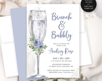 Brunch and Bubbly Editable Bridal Shower Invitation, Blue Floral Silver Champagne Glass, Instant Download, Print/Text, CORJL Template 156