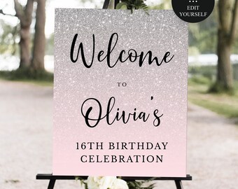 Silver Glitter Fade Editable Welcome Sign Pink, ANY EVENT, Multiple Sizes, Edit Background Color, Instant Download, Corjl Template #096