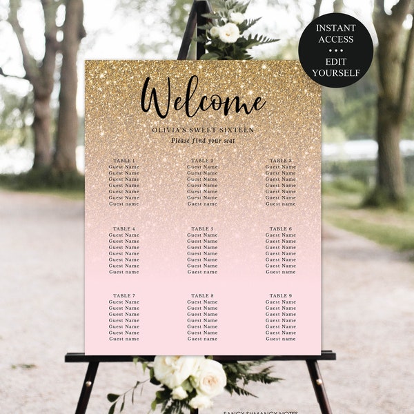Gold Glitter Fade Editable Pink Seating Chart Sign, Multiple Sizes Edit Color Add Remove Tables, Instant Download, Corjl Template 095