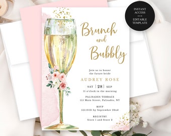 Brunch and Bubbly Bridal Shower Editable Invitation, Pink Flowers, Gold Champagne Glass, Instant Download, Print/Text, CORJL Template -418