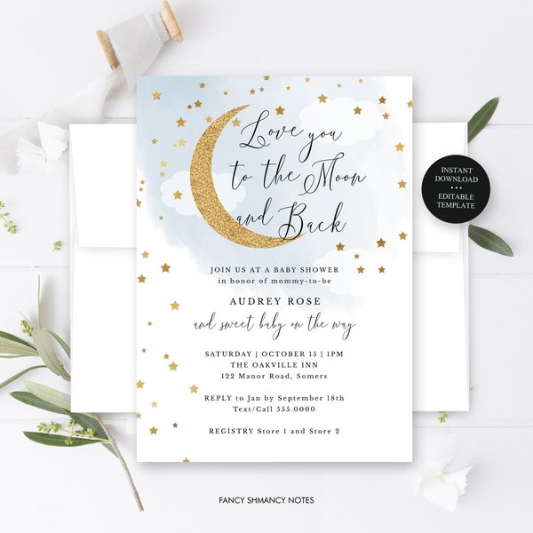 Invito modificabile con luna dorata e stelle blu per baby shower - Ti amo sulla luna e sul retro - stampa o testo, download istantaneo, modello CORJL-703