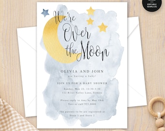 We're Over the Moon, Baby Shower Invitation Template, Watercolor Moon Stars, Editable Text, Print/Text Digital File,  Instant Download #721