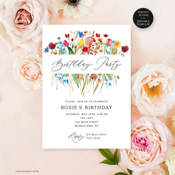 Meadow Wildflower Editable Birthday Party Invitation, Mixed Color Floral Border, Print or Text-Instant Download-Corjl Editable Template #182