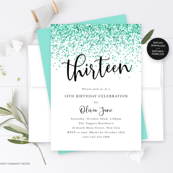 Teal Glitter 13th Birthday Invitation Template ANY AGE-Edit Yourself, Teen Girl Kids Adult, Print or Text, Corjl Editable Template-232