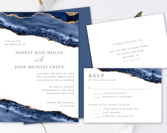 Invitación de boda de oro azul y plantilla de respuesta SET, Agate Rock, Opciones de espalda- Postal, Sólido, Edítese usted mismo Corjl Plantilla editable 137