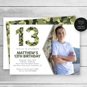 Green Camo Teen Foto Geburtstagseinladung für jedes Alter, selbst bearbeiten, drucken oder Text-Instant Download-Corjl bearbeitbare Vorlage 080