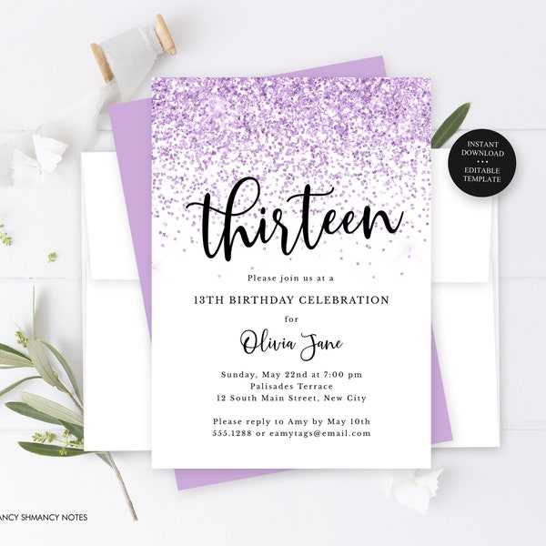 Purple Confetti Glitter 13th Birthday Editable Invitation, ANY AGE Teen Girl Adult, Print/Text, Instant Download Corjl Editable Template-132