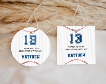Baseball Stripes Editable Party Favor Tags or Stickers 3 Sizes Circle or Squar Self-Edit Text and Colors Instant Download CORJL Template-005