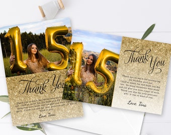 Gold Glitter Thank You Card Photo Template, Editable Text, Print/Text, 4x6, 5x7, Landscape/Portrait, CORJL Template Instant Download #1436