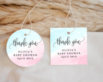 Pink and Blue Watercolor Editable Shower Favor Tags or Stickers 3 Sizes Circle or Square, Self-Edit Instant Download CORJL Template #1233