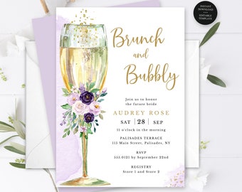 Brunch and Bubbly Bridal Shower Editable Invitation Purple Gold, Champagne Brunch Invite, Instant Download, Print/Text, CORJL Template  718