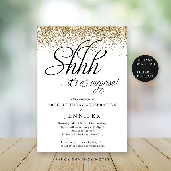 Surprise Party Gold Glitter Editable Party Invitation, Self-,Edit, White, Fancy Script, Print or Text Instant Download Corjl Template #150