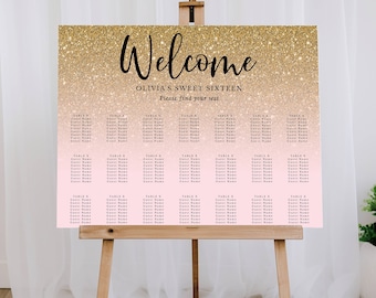 Gold Glitter Fade Editable Seating Chart Sign-Horizontal, Multiple Sizes Edit Color Add Remove Tables, Instant Download, Corjl Template 095