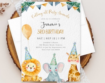 Party Animals Editable Kids Birthday Invitation, Jungle Theme, ANY AGE, 4x6 & 5x7,  Print or Text, Instant Download, Corjl Template -142