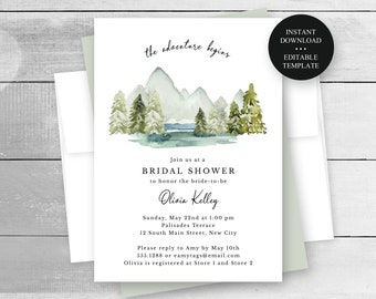 A New Adventure Bridal Shower Editable Invitation Watercolor Mountains Trees Rustic Wedding Shower Invite Print or Text, CORJL Template  023