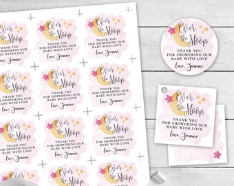 Over the Moon Pink Editable Baby Shower Favor Tags or Stickers 3 Sizes Circle or Square, Self-Edit Text Instant Download CORJL Template #721