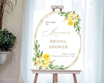 Yellow Watercolor Flowers Editable Welcome Sign Any Event, Yellow Roses Gold Frame, 3 Sizes, Self-Edit, Instant Download, Corjl Template 186