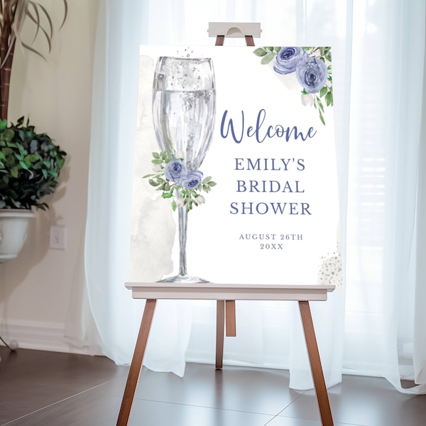 Champagne Glass Editable Welcome Sign Blue Flowers Silver Glitter Accents ANY EVENT 3 sizes, Self-Edit, Instant Download, Corjl Template 156