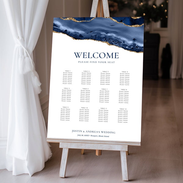 Navy Blue and Gold Agate Editable Seating Chart Sign Multiple Sizes, Self-Edit Add or Remove Tables, Instant Download, Corjl Template-137