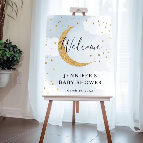 Blue Over the Moon Editable Baby Shower Welcome Sign, Gold Glitter Moon Stars, 3 Sizes, Self-Edit, Instant Download, Corjl Template #703