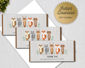 Woodland Animals Baby Shower Editable Candy Bar Wrapper, Forest Animals, Instant Download Printable Digital File, 1228