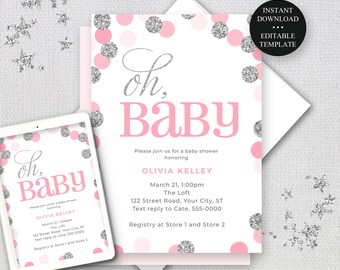 Silver glitter spots Birth Announcement Template INSTANT DOWNLOAD