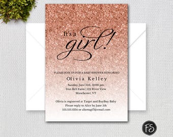Rosegold Glitter Baby Shower Invitation Rose Gold Faux Etsy