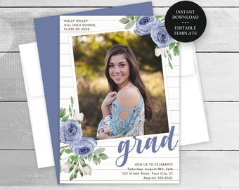 Graduation Editable Photo Invitation/Announcement, Blue Flowers on Barn Wood, Print or Text, Instant Download, CORJL Editable Template-136