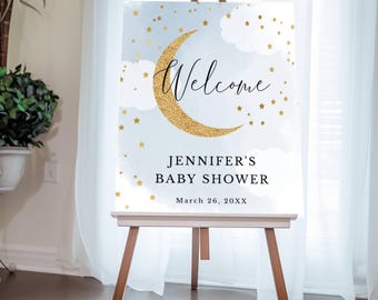 Blue Over the Moon Editable Baby Shower Welcome Sign, Gold Glitter Moon Stars, 3 Sizes, Self-Edit, Instant Download, Corjl Template #703