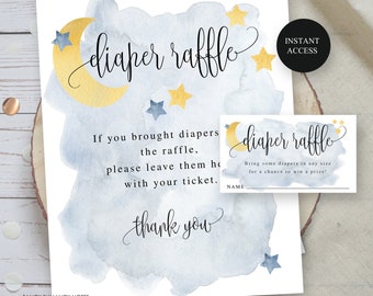 Editable Over the Moon Baby Shower Diaper Raffle Ticket and Display Sign, Self-Edit, Instant Download CORJL Template #721