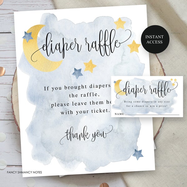 Over the Moon Blue Watercolor  Baby Shower Diaper Raffle Ticket and Display Sign, Instant Download Printable Digital File, #721