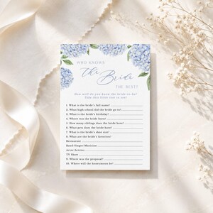 Blue Hydrangea Printable Bridal Shower Game Who Knows  Bride Best Game, Instant Digital Download 428