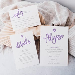 Purple & Silver Glitter Editable Bat Mitzvah Invitation SET Reply Details Card Star of David Script Name Instant Download CORJL Template 079