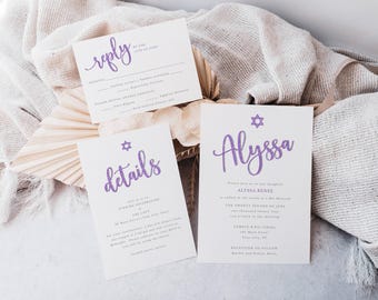 Purple & Silver Glitter Editable Bat Mitzvah Invitation SET Reply Details Card Star of David Script Name Instant Download CORJL Template 079