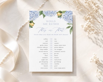 Lemons and Blue Hydrangea Printable Shower Game, Would She Rather, This or That, Instant Digital Download 433