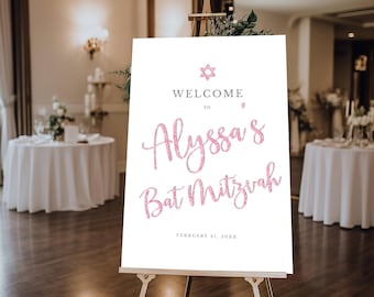 Roze en zilveren glitter bewerkbaar welkomstbord, Bat Mitzvah gepersonaliseerd welkomstbord, zelfbewerken 3 maten direct downloaden, Corjl Template-079