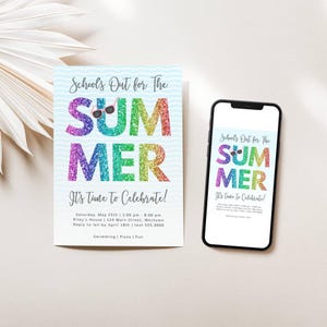 End of School Year Party Invitation, School’s Out for Summer, Rainbow Glitter & Cool Shades Sunglasses, Editable Template-Text or Print, 069