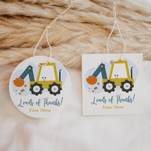 Construction Truck Editable Kids Party Favor Tags or Stickers 3 Sizes Circle or Square, Self-Edit Text Instant Download CORJL Template-063