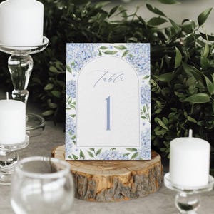 Cartões de mesa com números de 1 a 20, estampa de hortênsia azul, design de arco de flores, download instantâneo 428
