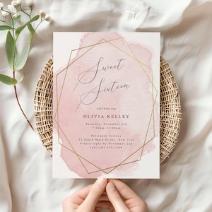 Editable Pink Sweet 16 Birthday Party Invitation Template | Gold Frame | Any Age or Event | Edit Online, Digital Download-010
