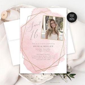 Editable Pink Gold Sweet 16 Birthday Party Photo Invitation, Any Age or Event, Print or Text, Instant Download, Corjl Template  #010