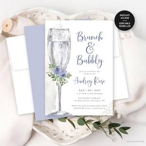 Brunch and Bubbly Editable Bridal Shower Invitation, Blue Floral Silver Champagne Glass, Instant Download, Print/Text, CORJL Template 156