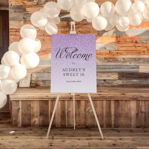 Editable Purple Sparkle Glitter Fancy Script &quot;Welcome&quot; Sign, ANY EVENT, 3 Sizes, Self-Edit Text, Instant Download, Corjl Template #1432L