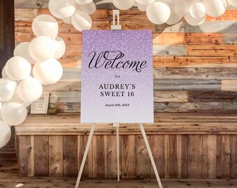 Editable Purple Sparkle Glitter Fancy Script "Welcome" Sign, ANY EVENT, 3 Sizes, Self-Edit Text, Instant Download, Corjl Template #1432L