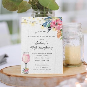 Guirlande lumineuse modifiable pour fête d'anniversaire florale, verre rosé, fleurs de fête, impression/texte, téléchargement immédiat, modèle Corjl-6275