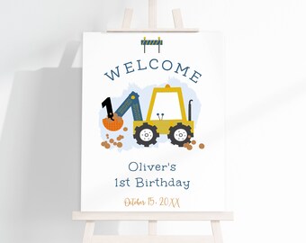 Construction Truck Editable Kids Birthday Party Welcome Sign, ANY AGE, 3 sizes, Self-Edit, Instant Download, Corjl Template 063