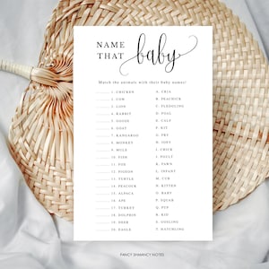 Jeu d'associations de noms d'animaux pour bébés, impression à la maison, script de calligraphie minimaliste, nom du jeu de baby shower, téléchargement immédiat 916