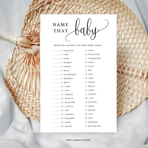 Printable Baby Animal Names Matching Game, Print at Home, Minimalist Calligraphy Script, Name That Baby Shower Game Instant Download 916