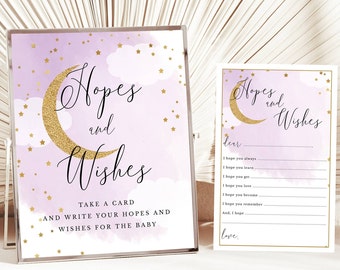 Purple Over the Moon Baby Shower Hopes and Wishes Card and Sign, Purple Watercolor Gold Glitter Moon, Print at Home, Instant Download 703